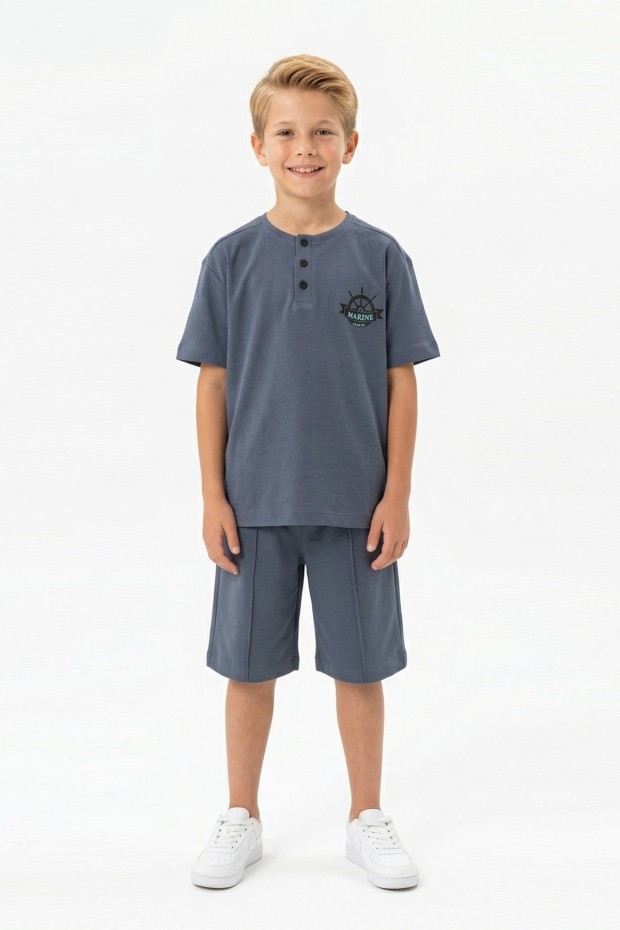 Erkek Çocuk Hakim Yaka Düğme Detaylı Kısa Kollu Tişört Şort İkili Yazlık Takım