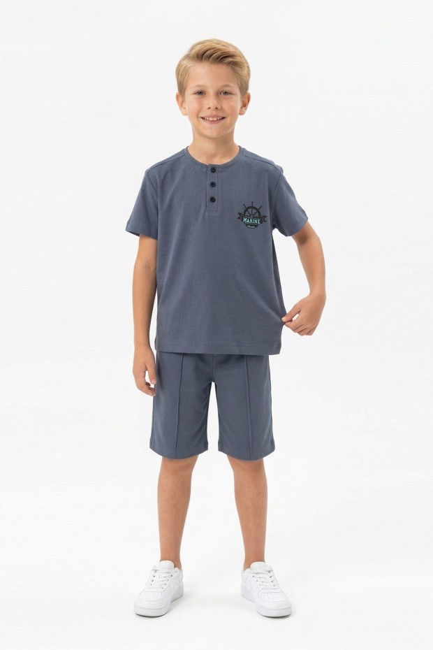 Erkek Çocuk Hakim Yaka Düğme Detaylı Kısa Kollu Tişört Şort İkili Yazlık Takım