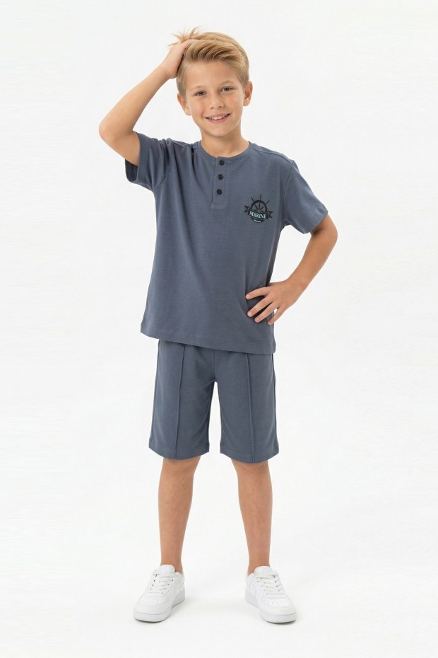 Erkek Çocuk Hakim Yaka Düğme Detaylı Kısa Kollu Tişört Şort İkili Yazlık Takım