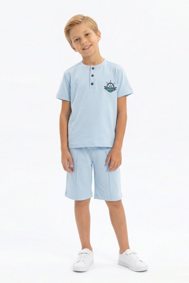 Erkek Çocuk Hakim Yaka Düğme Detaylı Kısa Kollu Tişört Şort İkili Yazlık Takım 