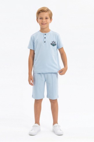 Erkek Çocuk Hakim Yaka Düğme Detaylı Kısa Kollu Tişört Şort İkili Yazlık Takım 