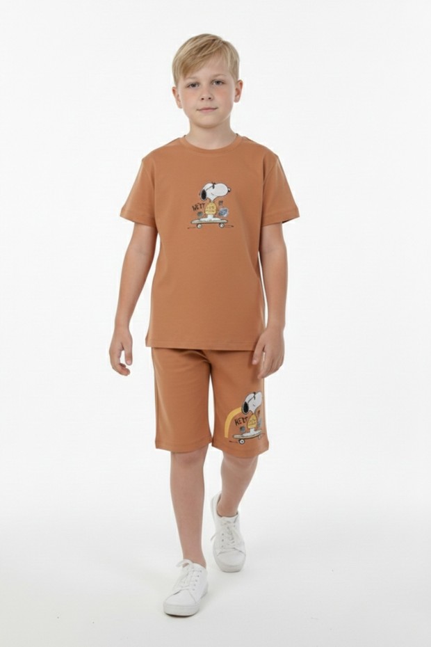 Erkek Çocuk Arkası Baskılı %100 Pamuk Süprem Kumaş Reaktif Boyama Şortlu Takım 