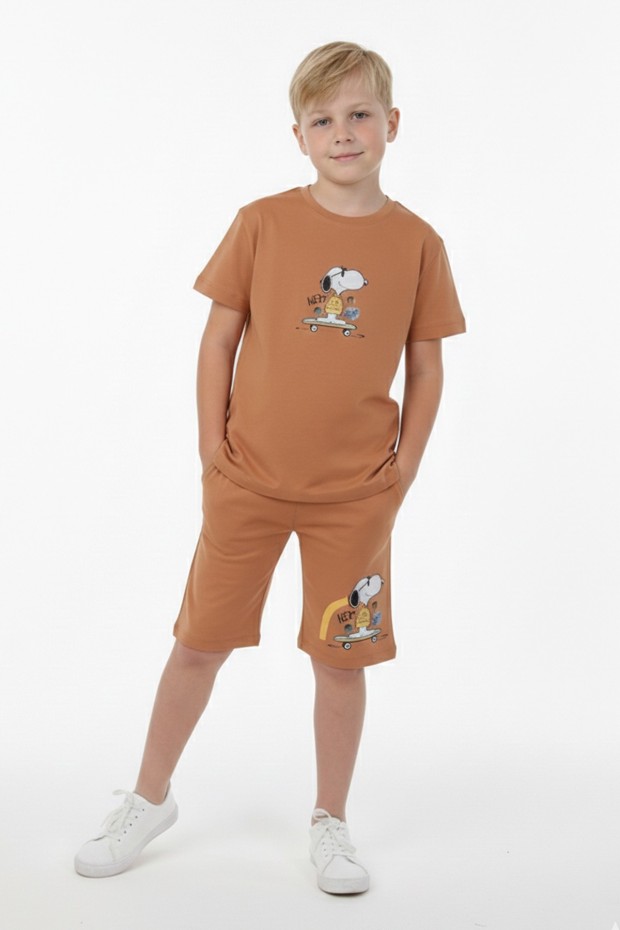 Erkek Çocuk Arkası Baskılı %100 Pamuk Süprem Kumaş Reaktif Boyama Şortlu Takım 