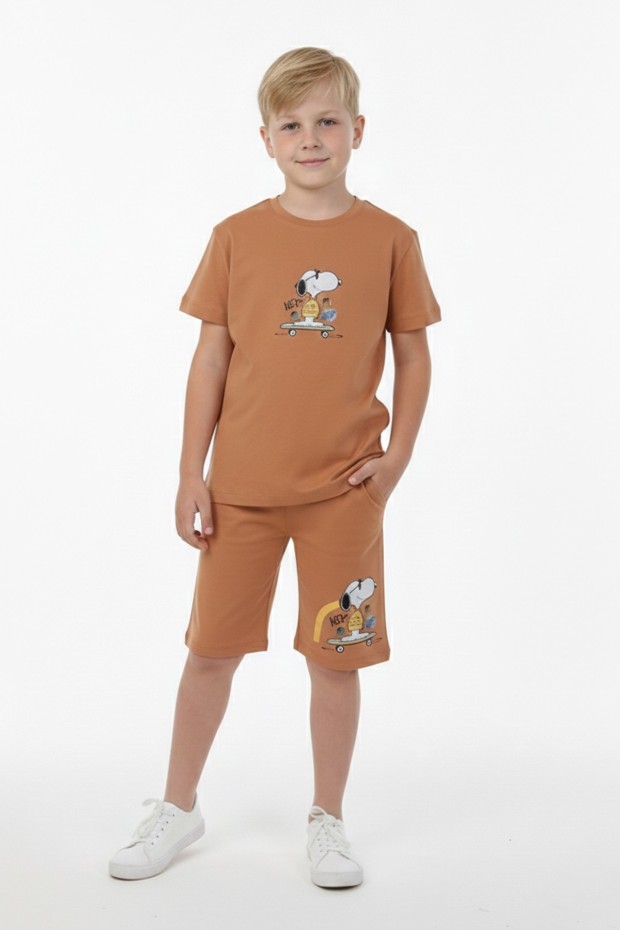 Erkek Çocuk Arkası Baskılı %100 Pamuk Süprem Kumaş Reaktif Boyama Şortlu Takım 