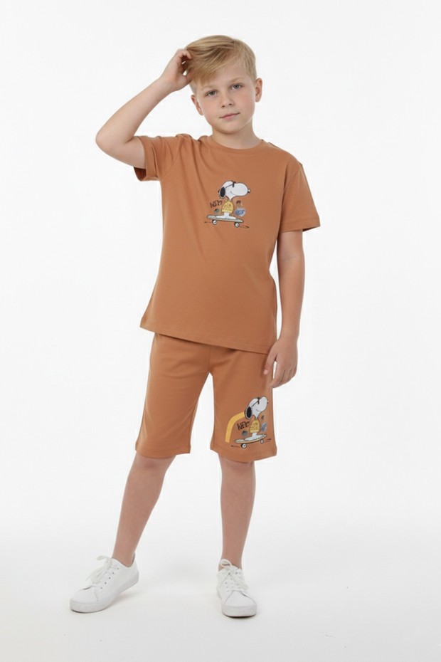 Erkek Çocuk Arkası Baskılı %100 Pamuk Süprem Kumaş Reaktif Boyama Şortlu Takım 