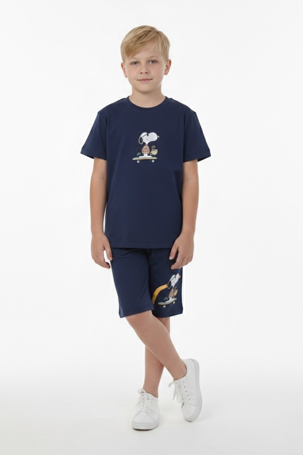 Erkek Çocuk Arkası Baskılı %100 Pamuk Süprem Kumaş Reaktif Boyama Şortlu Takım 