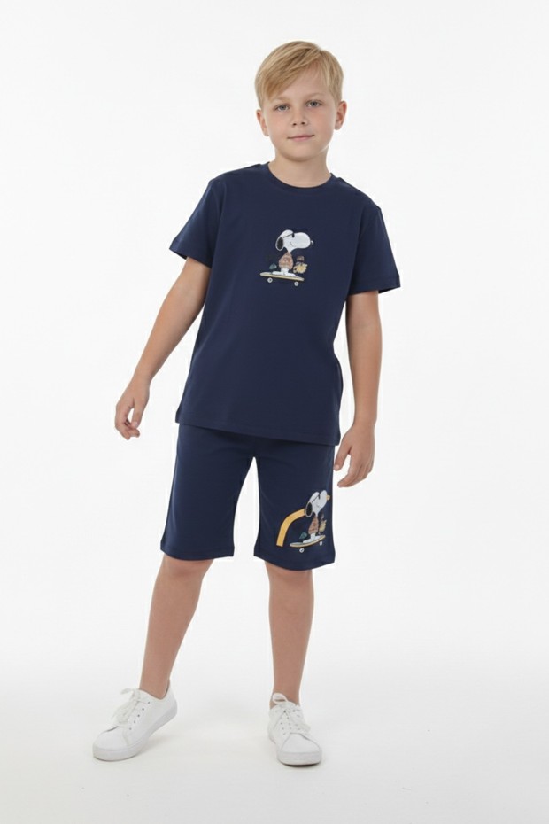 Erkek Çocuk Arkası Baskılı %100 Pamuk Süprem Kumaş Reaktif Boyama Şortlu Takım 