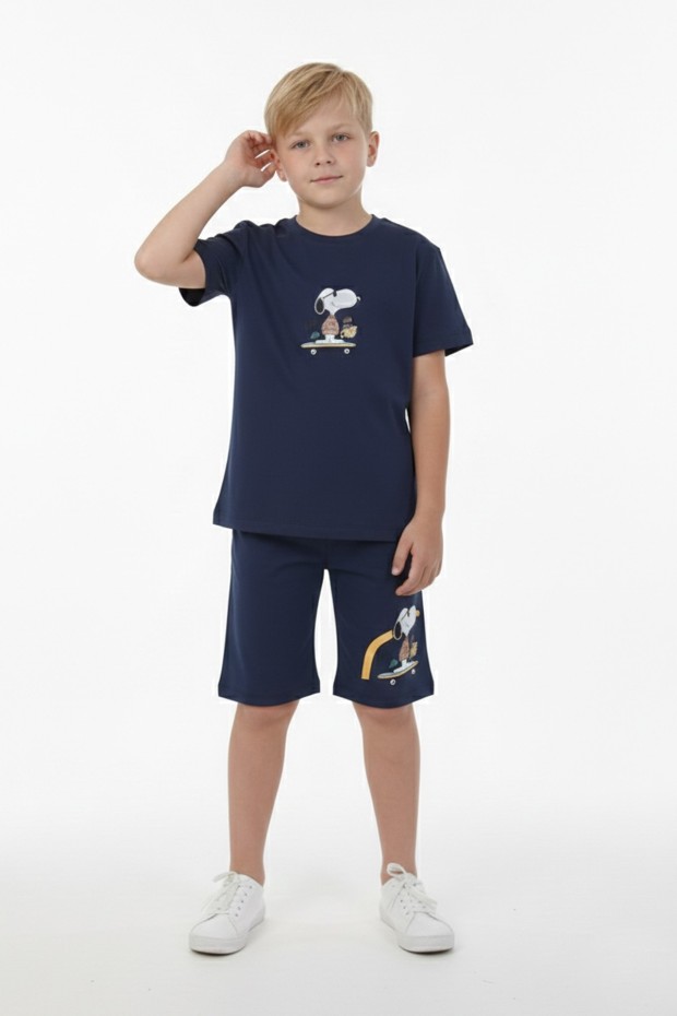 Erkek Çocuk Arkası Baskılı %100 Pamuk Süprem Kumaş Reaktif Boyama Şortlu Takım 