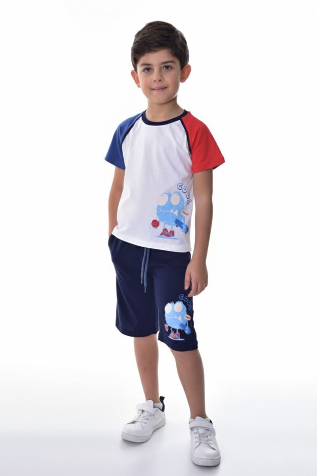 Erkek Çocuk Canavar Baskılı Kısa Kollu Tişört ile Şortlu Pamuklu Yazlık Takım