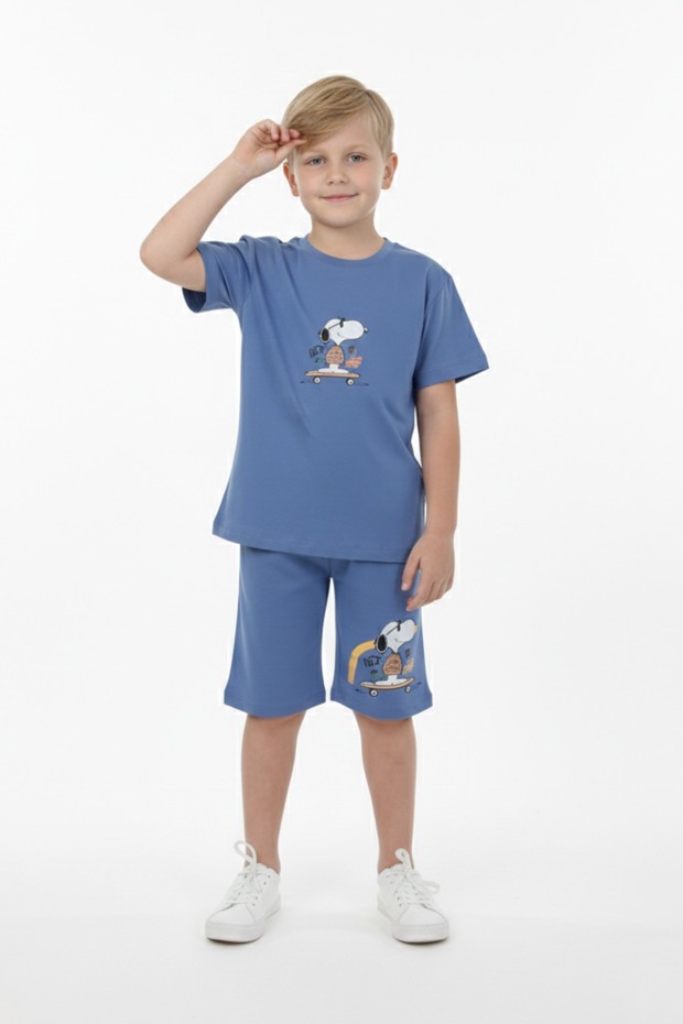 Erkek Çocuk Arkası Baskılı %100 Pamuk Süprem Kumaş Reaktif Boyama Şortlu Takım 