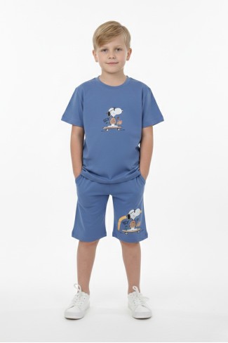 Erkek Çocuk Arkası Baskılı %100 Pamuk Süprem Kumaş Reaktif Boyama Şortlu Takım 