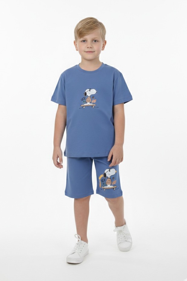 Erkek Çocuk Arkası Baskılı %100 Pamuk Süprem Kumaş Reaktif Boyama Şortlu Takım 