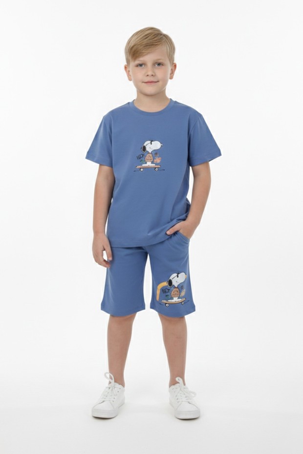 Erkek Çocuk Arkası Baskılı %100 Pamuk Süprem Kumaş Reaktif Boyama Şortlu Takım 