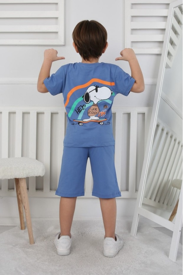 Erkek Çocuk Arkası Baskılı %100 Pamuk Süprem Kumaş Reaktif Boyama Şortlu Takım 