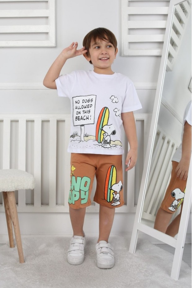 Erkek Çocuk Baskılı %100 Pamuk Süprem Kumaş Reaktif Boyama Sörf Temalı Şortlu Takım 