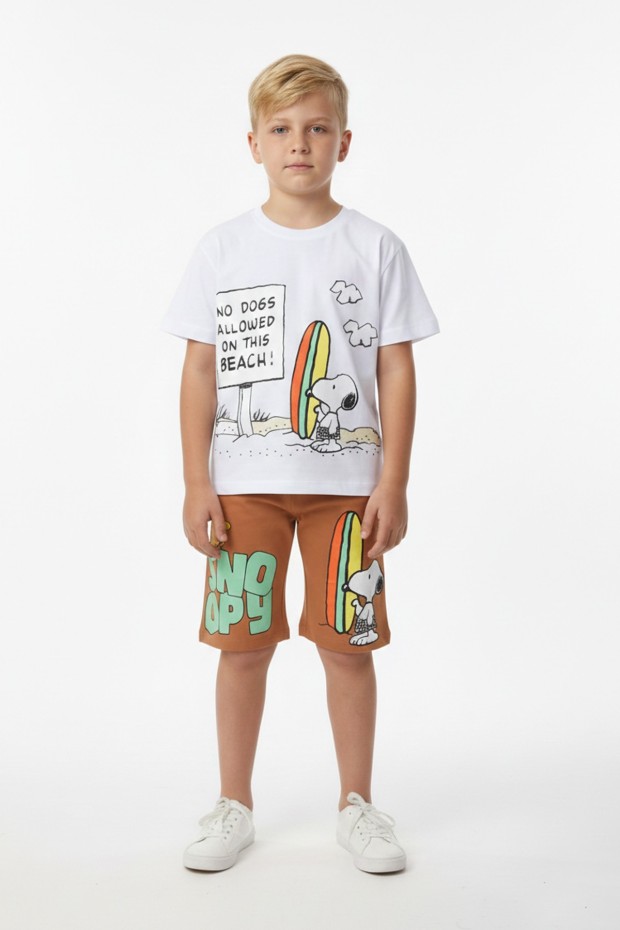 Erkek Çocuk Baskılı %100 Pamuk Süprem Kumaş Reaktif Boyama Sörf Temalı Şortlu Takım 