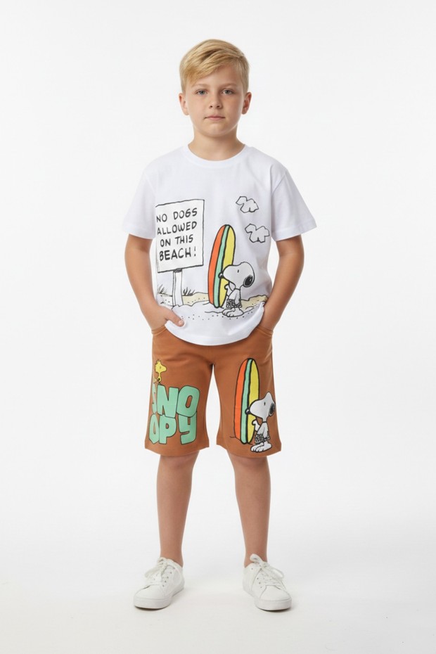 Erkek Çocuk Baskılı %100 Pamuk Süprem Kumaş Reaktif Boyama Sörf Temalı Şortlu Takım 