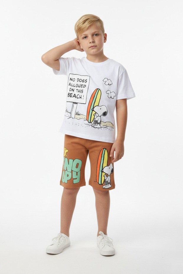 Erkek Çocuk Baskılı %100 Pamuk Süprem Kumaş Reaktif Boyama Sörf Temalı Şortlu Takım 