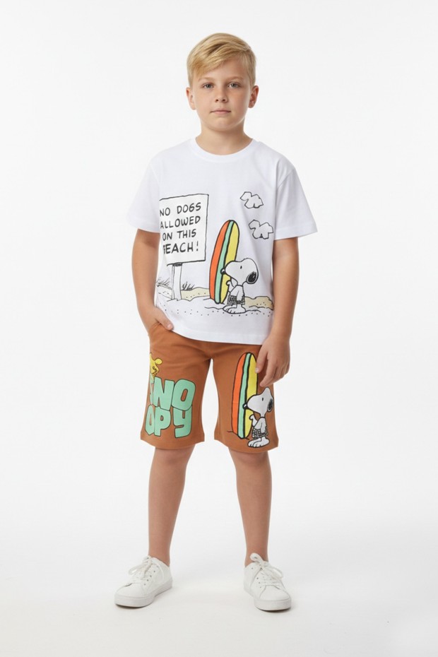 Erkek Çocuk Baskılı %100 Pamuk Süprem Kumaş Reaktif Boyama Sörf Temalı Şortlu Takım 