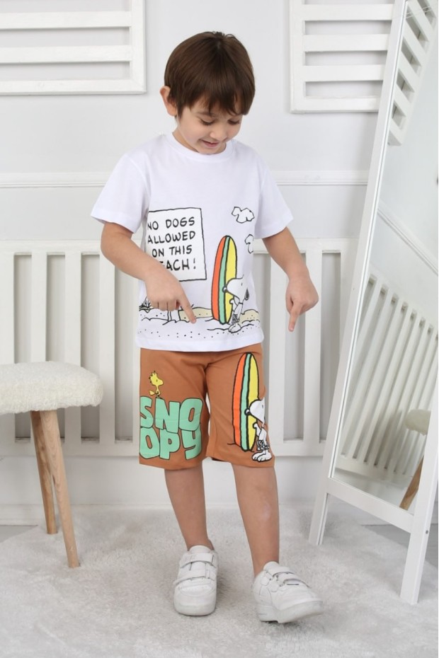 Erkek Çocuk Baskılı %100 Pamuk Süprem Kumaş Reaktif Boyama Sörf Temalı Şortlu Takım 