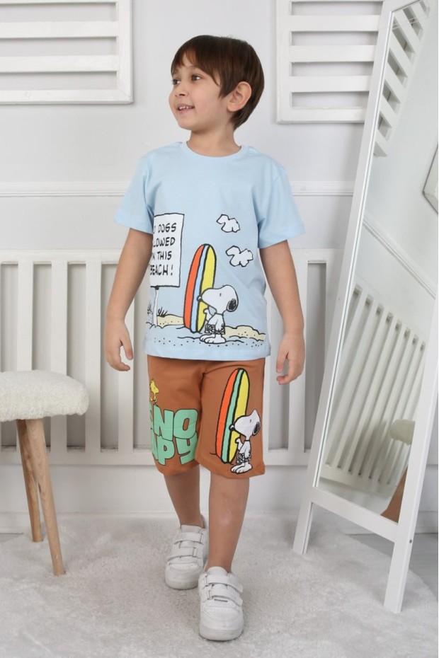 Erkek Çocuk Baskılı %100 Pamuk Süprem Kumaş Reaktif Boyama Sörf Temalı Şortlu Takım 