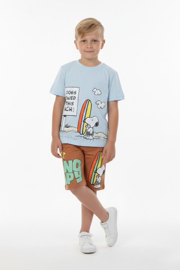 Erkek Çocuk Baskılı %100 Pamuk Süprem Kumaş Reaktif Boyama Sörf Temalı Şortlu Takım 