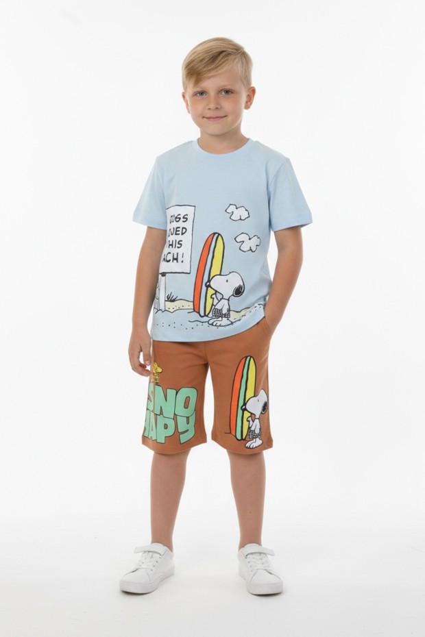 Erkek Çocuk Baskılı %100 Pamuk Süprem Kumaş Reaktif Boyama Sörf Temalı Şortlu Takım 