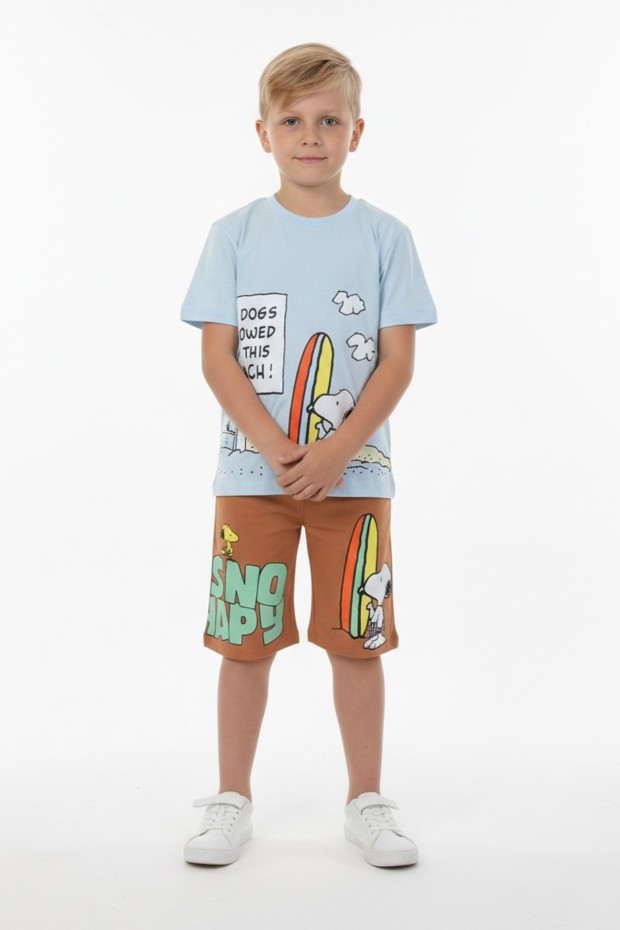 Erkek Çocuk Baskılı %100 Pamuk Süprem Kumaş Reaktif Boyama Sörf Temalı Şortlu Takım 