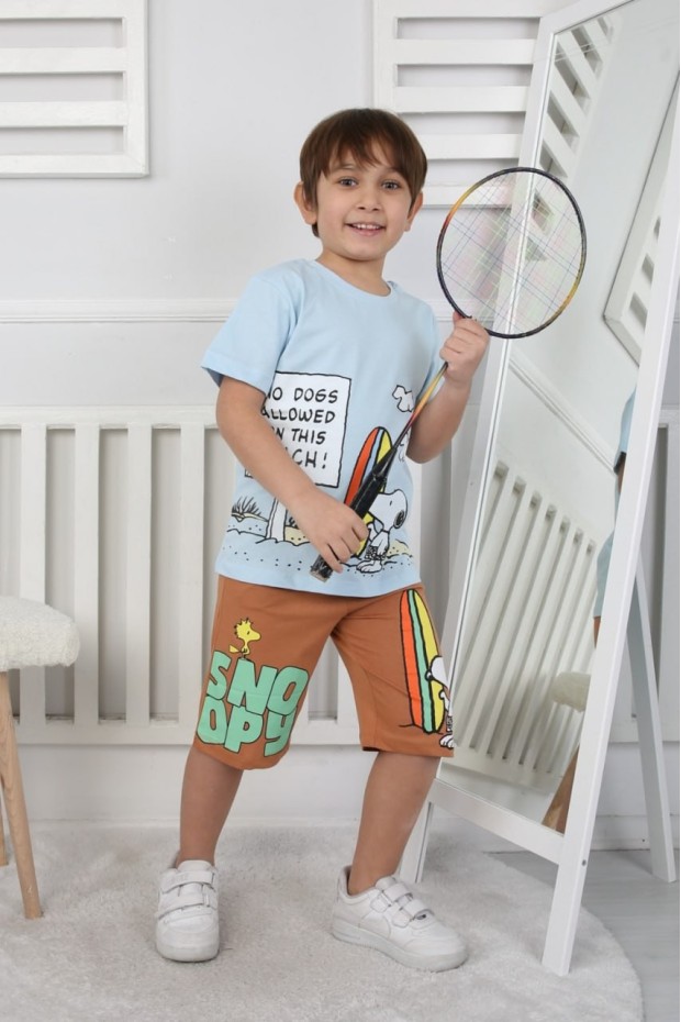 Erkek Çocuk Baskılı %100 Pamuk Süprem Kumaş Reaktif Boyama Sörf Temalı Şortlu Takım 