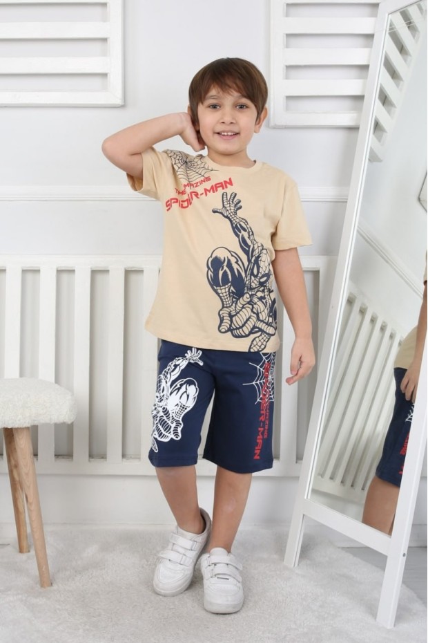 Erkek Çocuk Baskılı %100 Pamuk Süprem Kumaş Reaktif Boyama Şortlu Takım 