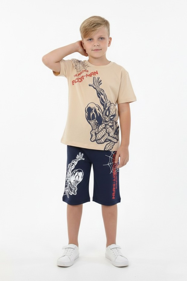 Erkek Çocuk Baskılı %100 Pamuk Süprem Kumaş Reaktif Boyama Şortlu Takım 