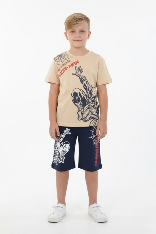Erkek Çocuk Baskılı %100 Pamuk Süprem Kumaş Reaktif Boyama Şortlu Takım 