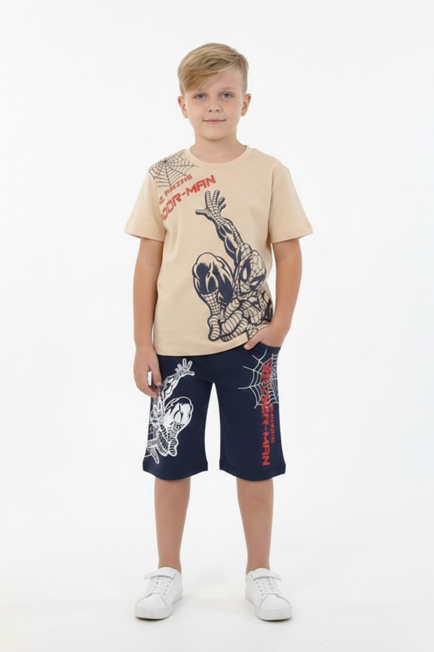 Erkek Çocuk Baskılı %100 Pamuk Süprem Kumaş Reaktif Boyama Şortlu Takım 