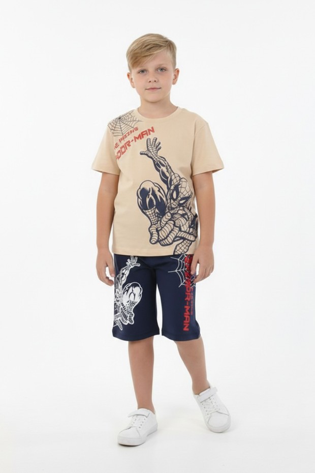 Erkek Çocuk Baskılı %100 Pamuk Süprem Kumaş Reaktif Boyama Şortlu Takım 