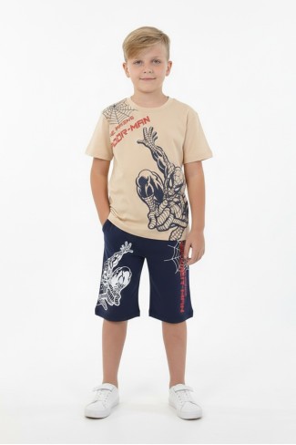 Erkek Çocuk Baskılı %100 Pamuk Süprem Kumaş Reaktif Boyama Şortlu Takım 