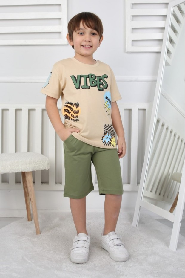 Erkek Çocuk Baskılı %100 Pamuk Süprem Kumaş Reaktif Boyama Şortlu Takım 