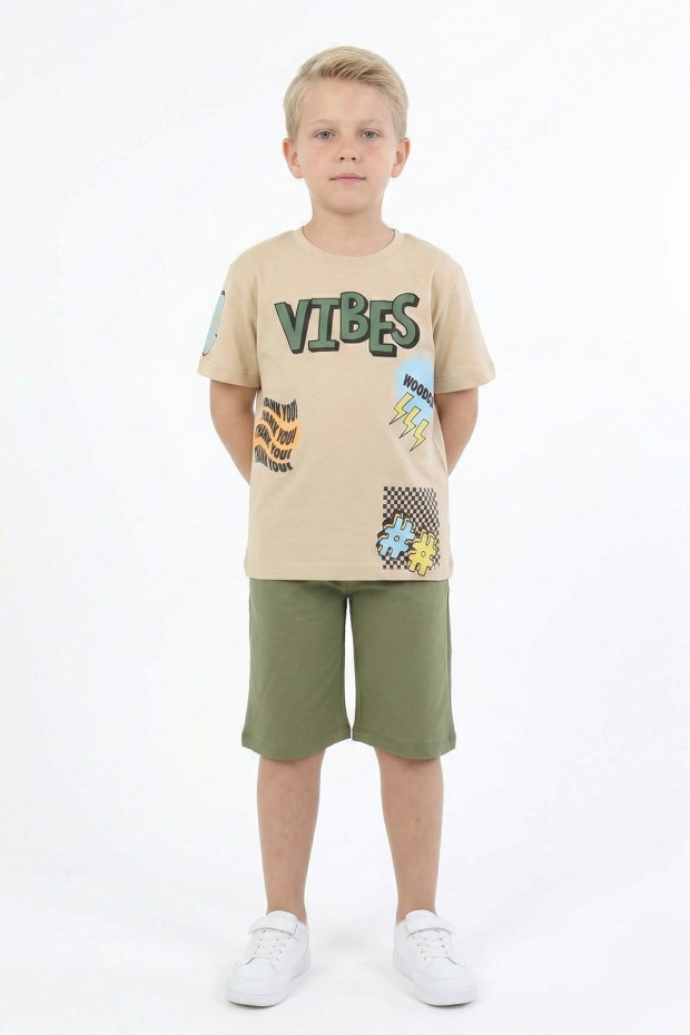 Erkek Çocuk Baskılı %100 Pamuk Süprem Kumaş Reaktif Boyama Şortlu Takım 