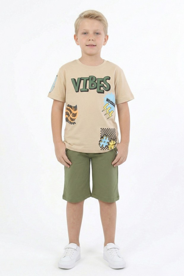 Erkek Çocuk Baskılı %100 Pamuk Süprem Kumaş Reaktif Boyama Şortlu Takım 