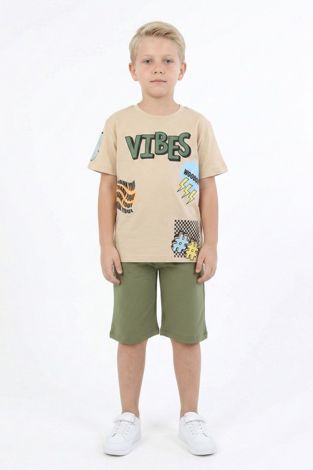 Erkek Çocuk Baskılı %100 Pamuk Süprem Kumaş Reaktif Boyama Şortlu Takım 