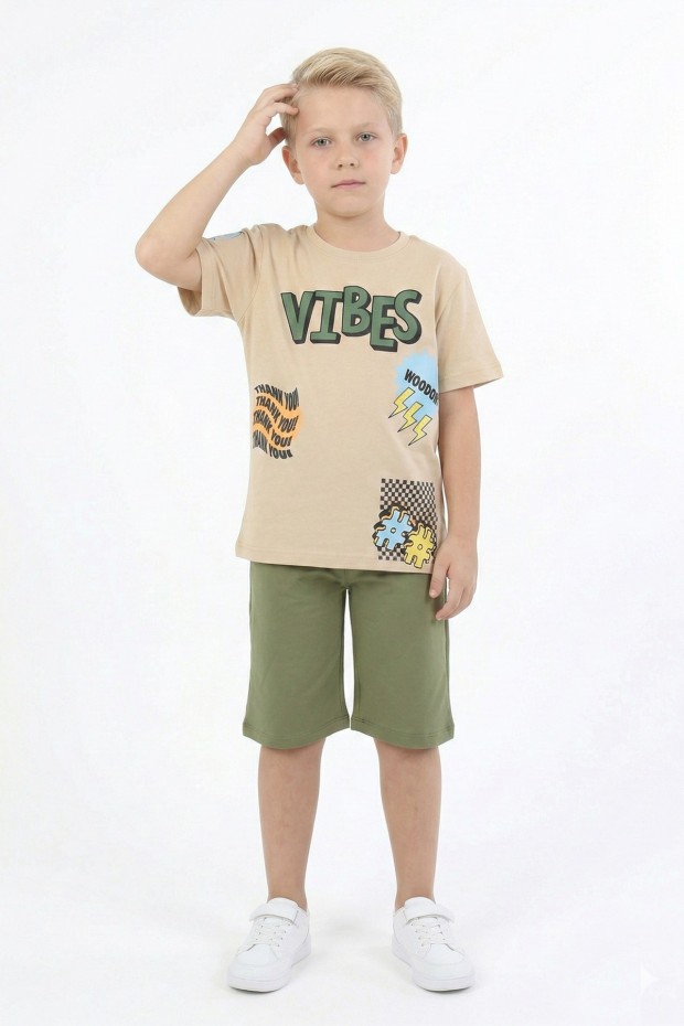 Erkek Çocuk Baskılı %100 Pamuk Süprem Kumaş Reaktif Boyama Şortlu Takım 