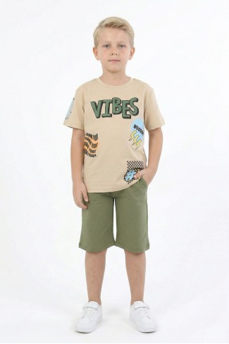 Erkek Çocuk Baskılı %100 Pamuk Süprem Kumaş Reaktif Boyama Şortlu Takım 