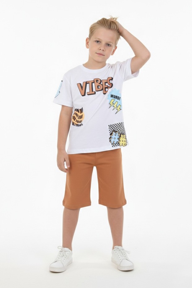 Erkek Çocuk Baskılı %100 Pamuk Süprem Kumaş Reaktif Boyama Şortlu Takım 