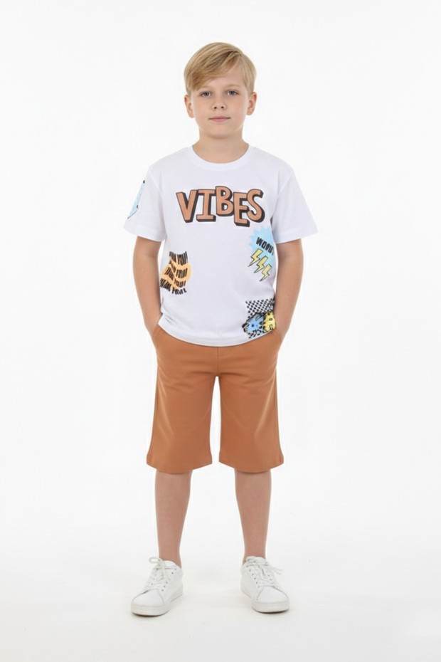 Erkek Çocuk Baskılı %100 Pamuk Süprem Kumaş Reaktif Boyama Şortlu Takım 