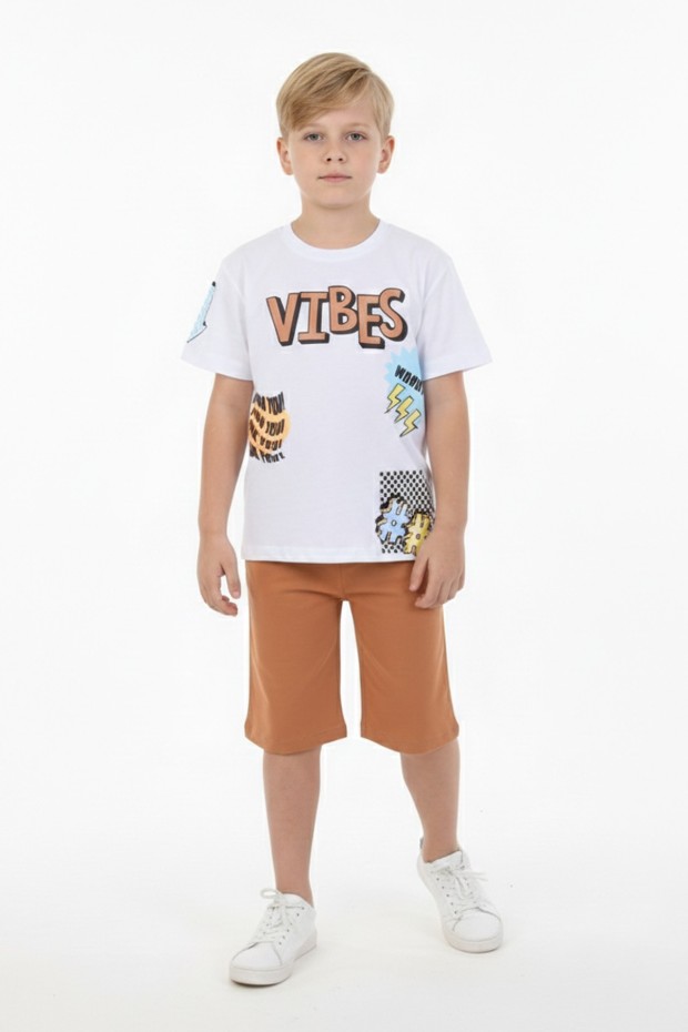 Erkek Çocuk Baskılı %100 Pamuk Süprem Kumaş Reaktif Boyama Şortlu Takım 