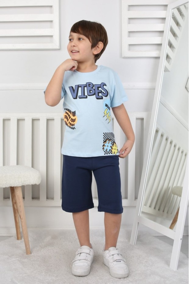 Erkek Çocuk Baskılı %100 Pamuk Süprem Kumaş Reaktif Boyama Şortlu Takım 