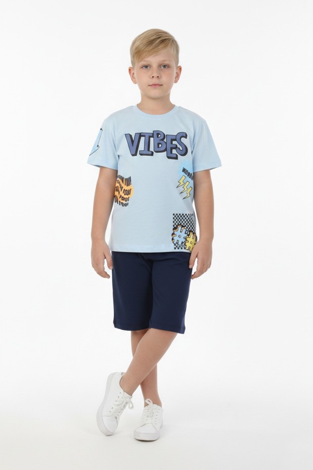 Erkek Çocuk Baskılı %100 Pamuk Süprem Kumaş Reaktif Boyama Şortlu Takım 