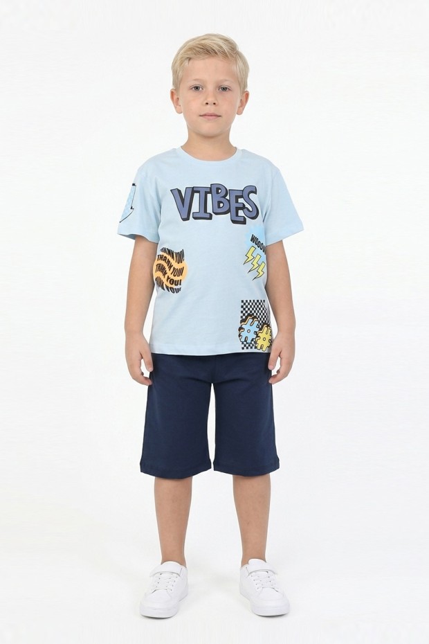 Erkek Çocuk Baskılı %100 Pamuk Süprem Kumaş Reaktif Boyama Şortlu Takım 