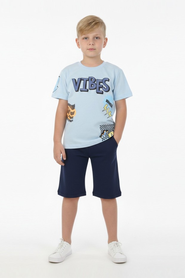 Erkek Çocuk Baskılı %100 Pamuk Süprem Kumaş Reaktif Boyama Şortlu Takım 