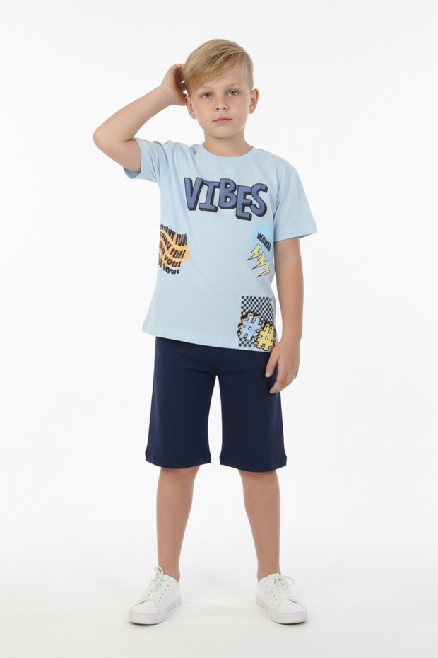 Erkek Çocuk Baskılı %100 Pamuk Süprem Kumaş Reaktif Boyama Şortlu Takım 