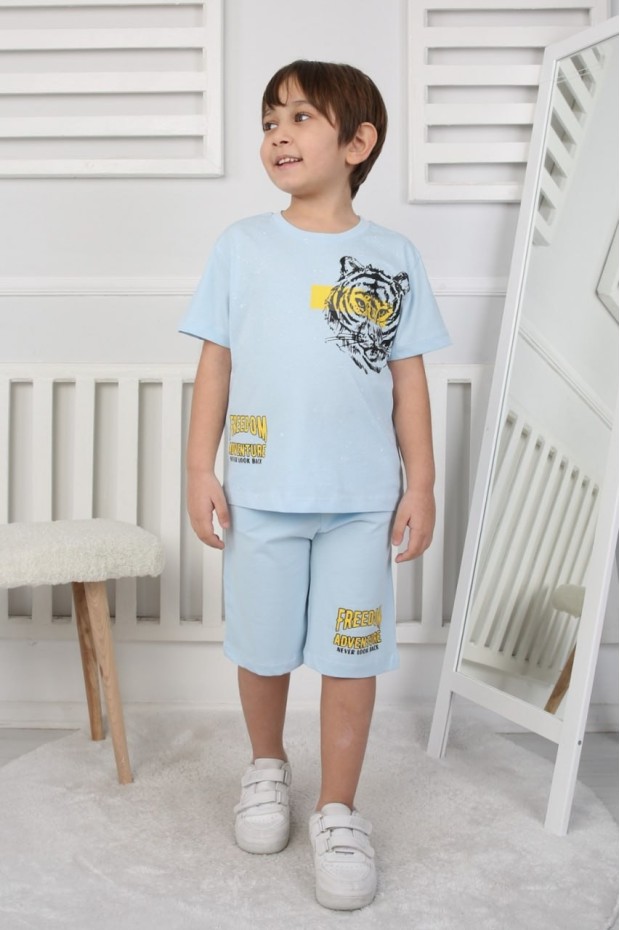 Erkek Çocuk Baskılı %100 Pamuk Süprem Kumaş Reaktif Boyama Şortlu Takım 